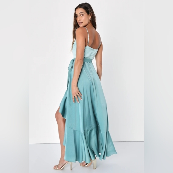 Lulus Double Darling Sage Green Color Block Satin Ruffled Maxi Dress Wedding - Picture 5 of 9